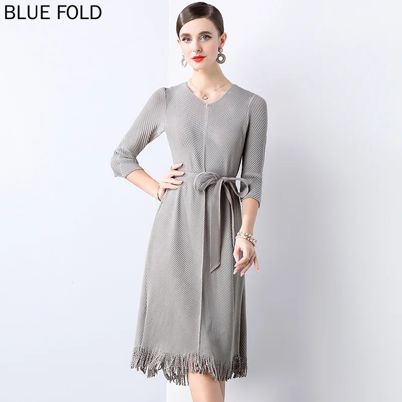 

MIYAKE Pleated Dress Autumn Fish Scale Large Size Light Luxury Mid-length Dress Tassel Three-quarter Sleeves PLEATS High Quality