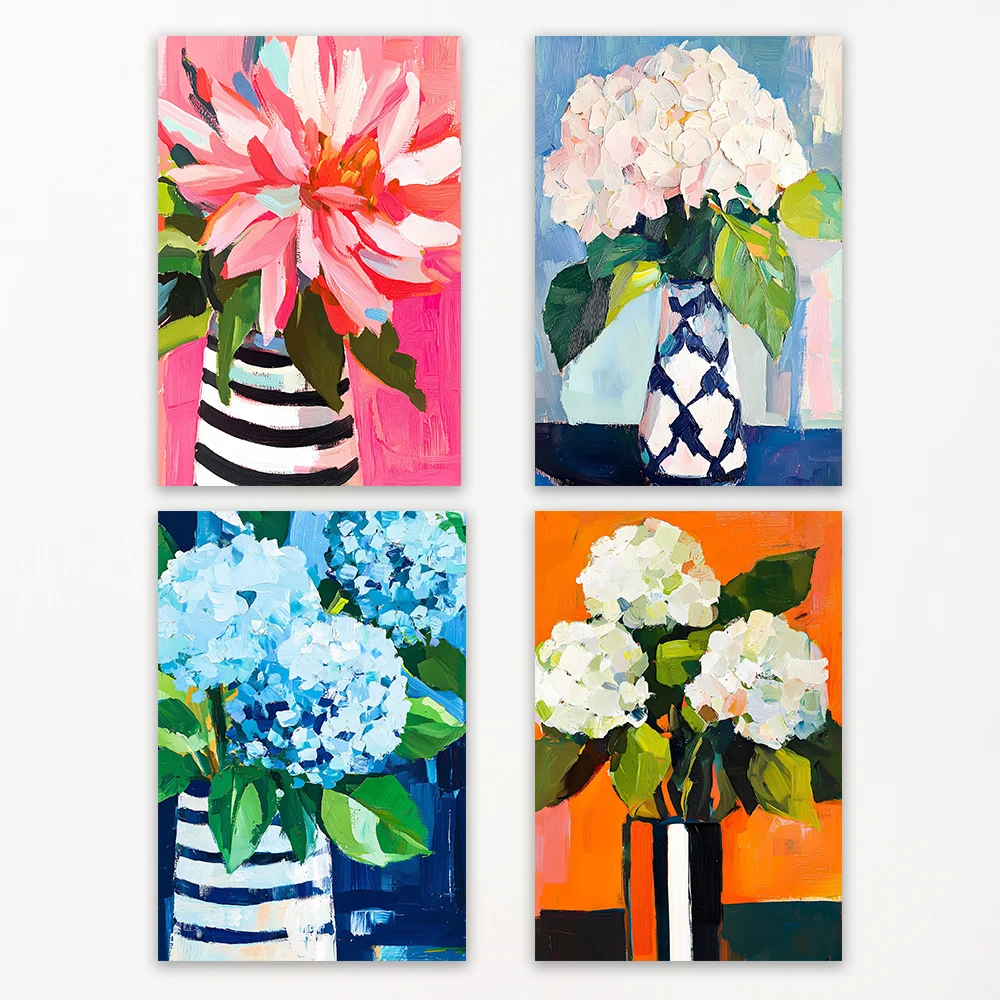 White Hydrangeas Abstract Art Poster Flower Vase Print Blue Hydrangeas Oil Painting Print Matisse Style Floral Canvas Painting