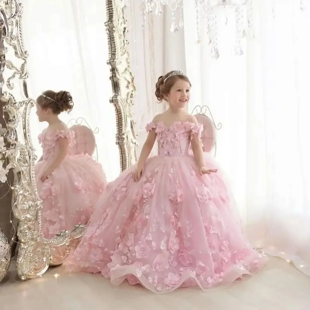 Flower Girl Dress A-line Skirt with Three Dimensional Petals Scattered All Over the Gown and Embroidered Vines Lace Up