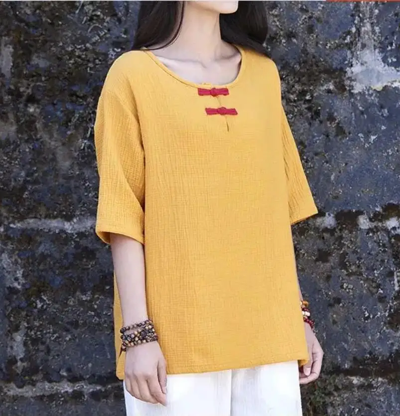 Plus size Women Blouses Chinese Style Casual Loose Cotton Linen shirts,half Sleeve Shirts Women Tops mujer t-shirt