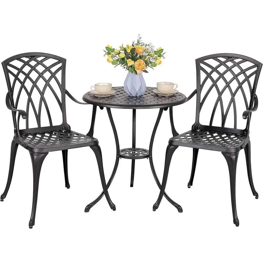 

3-Piece Cast Aluminum Bistro Set with Umbrella Hole for Outdoor Patio, Black