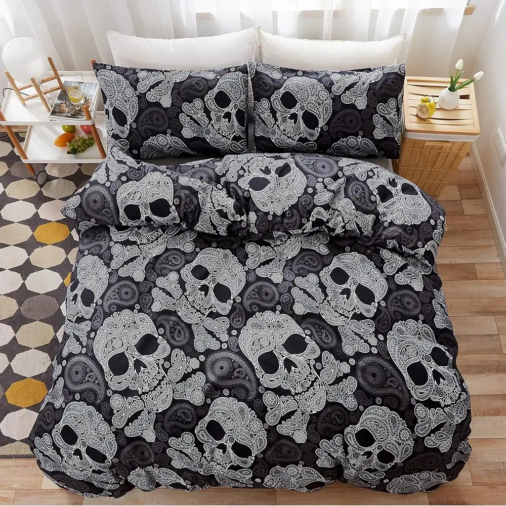 

Комплект постельного белья (пододеяльник) для двуспальной кровати, декор на Хэллоуин, черный узор с черепами и цветочным орнаментом пейсли, роскошный мягкий комплект постельного белья, пододеяльник