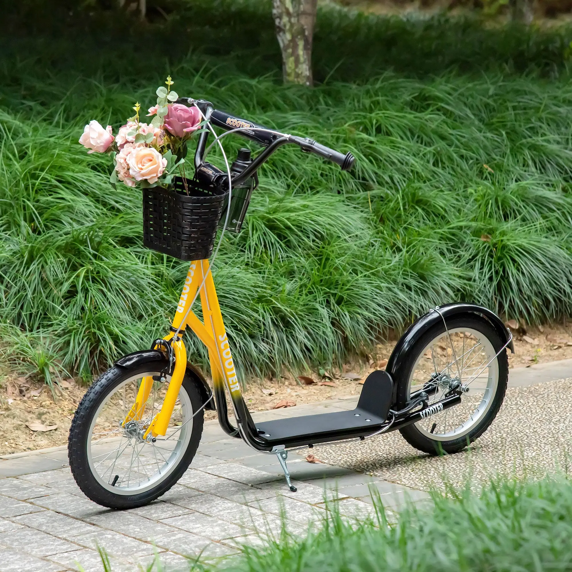 outh Scooter, Tretroller mit verstellbarem Lenker, Doppelbremsen, 16" aufblasbare Gummibänder, Korb, Getränkehalter, Orange