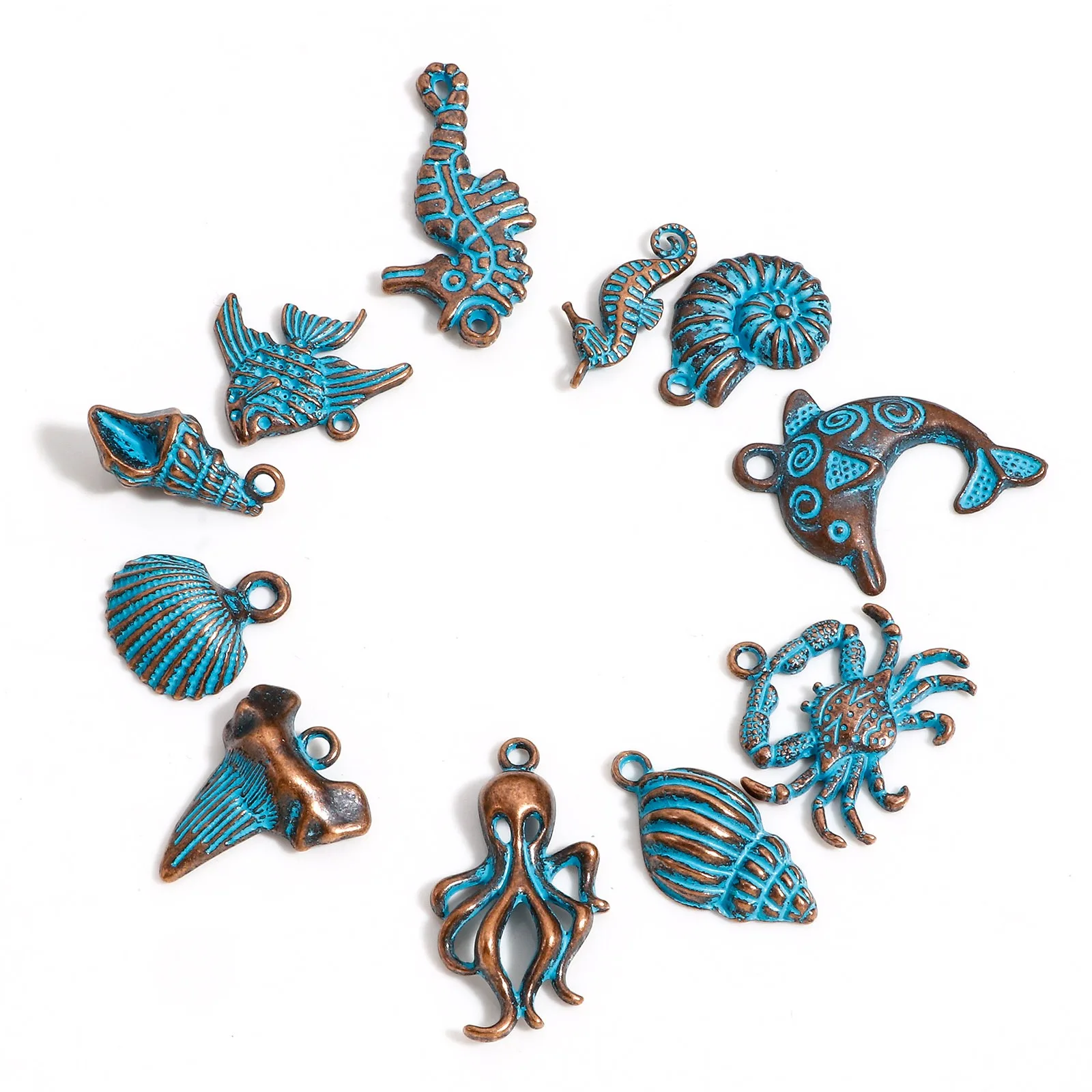 20pcs Vintage Ocean Jewelry Charms Antique Copper Blue Patina Fish Shell Pendants DIY Necklace Earrings Women Jewelry Findings