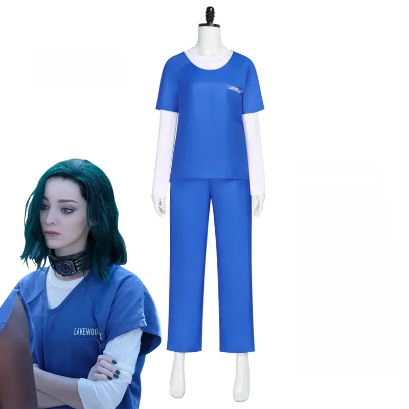 

Lorna Dane Cosplay Costume Women Adult Blue Round Neck T Shirt Pants White Top Casual Set Halloween Carnival