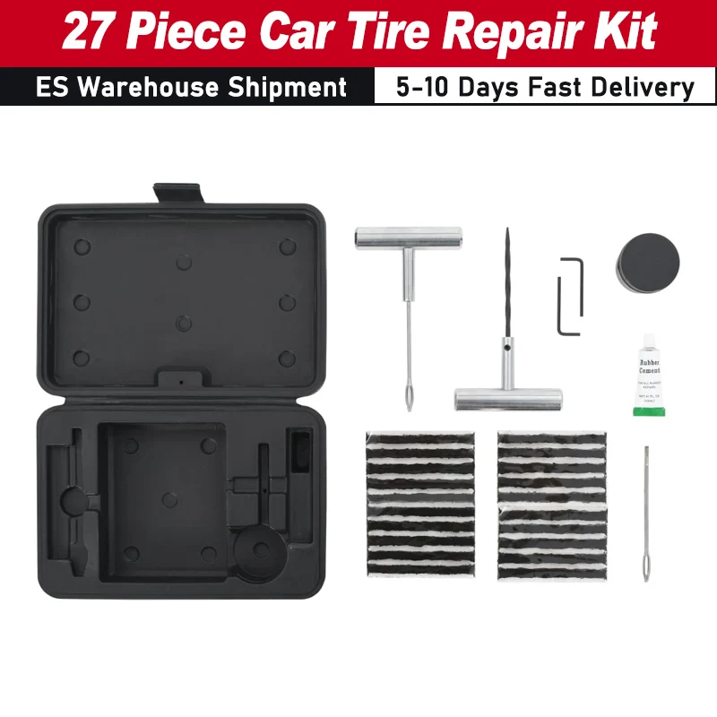 27 Piece Car Tire Repair Kit with T-handle insert tool T-handle spiral probe tool repair kit ideal for cars jeeps trucks SUVs