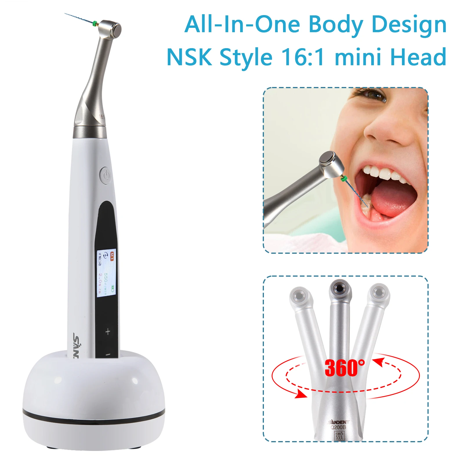 NSK Style Dental Endo Motor Reciprocating  Root Canal Treatment 16:1 Contra Angle Cordless  360° Rotated Wireless All-In-One