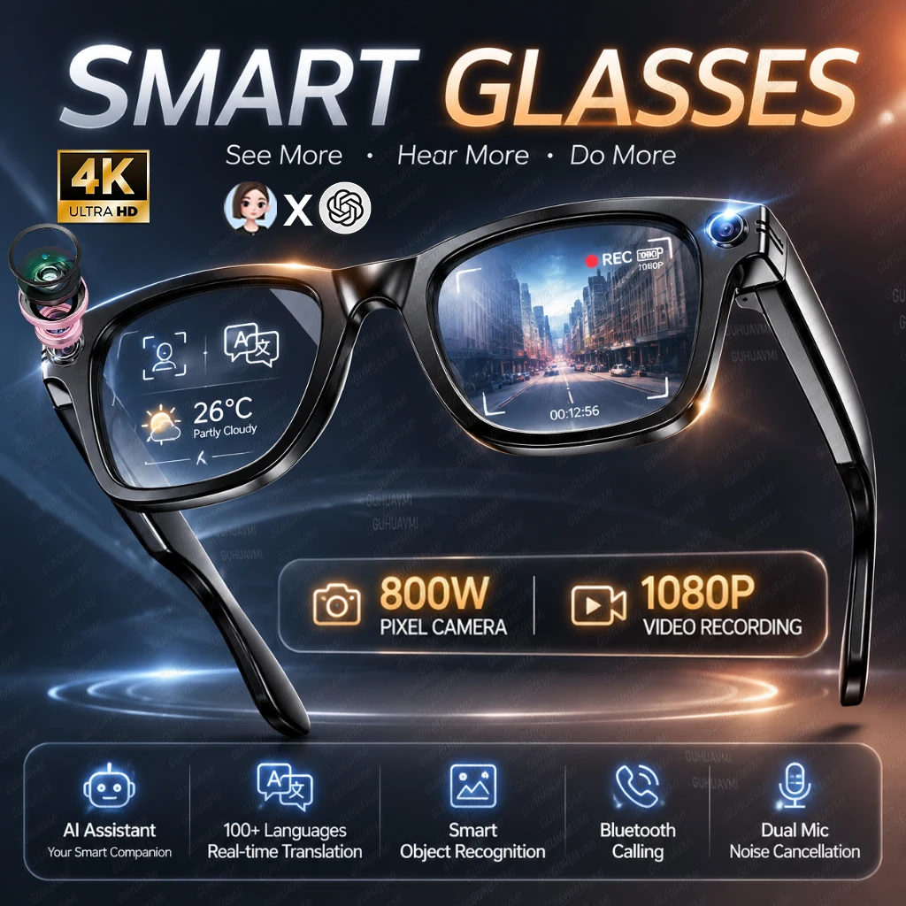 Smart Camera Glasses 8MP Anti-shake Camera for Women Men 4K Photo&1080P Video Recording 12H Music/Bluetooth Calls AI Translation