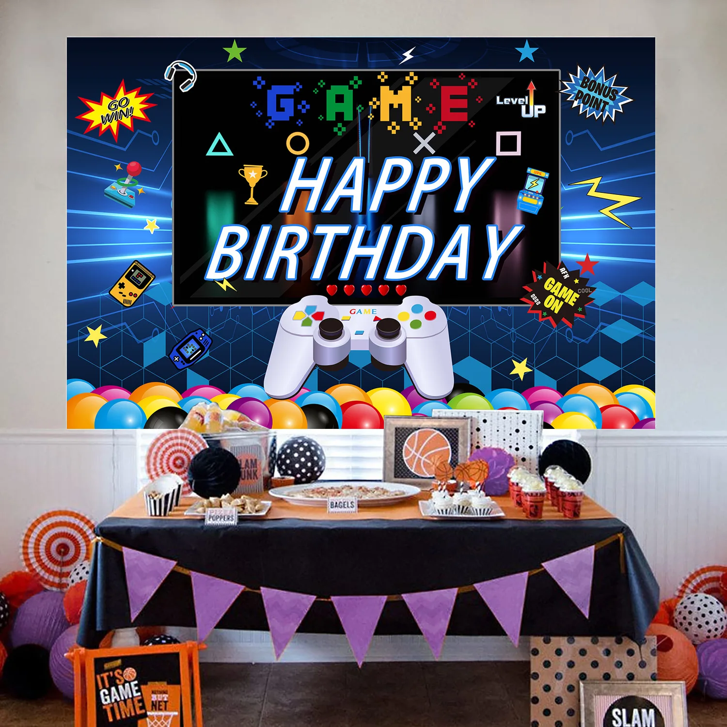 Fondo de cumpleaños de Gamepad para niño, juego de fiesta de cumpleaños en nivel arriba, decoración temática de juegos, pancarta, fondos de