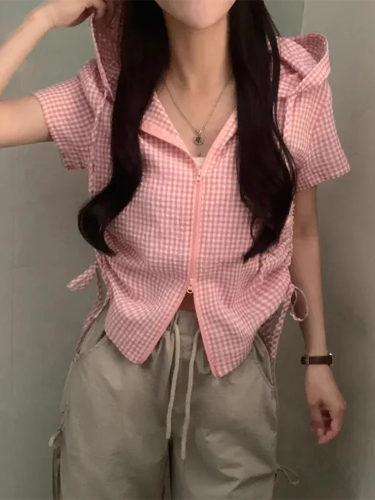 Retro xadrez csa com capuz jaqueta fena verão novo design cordão cintura curto topo material de aodão manga gola flip