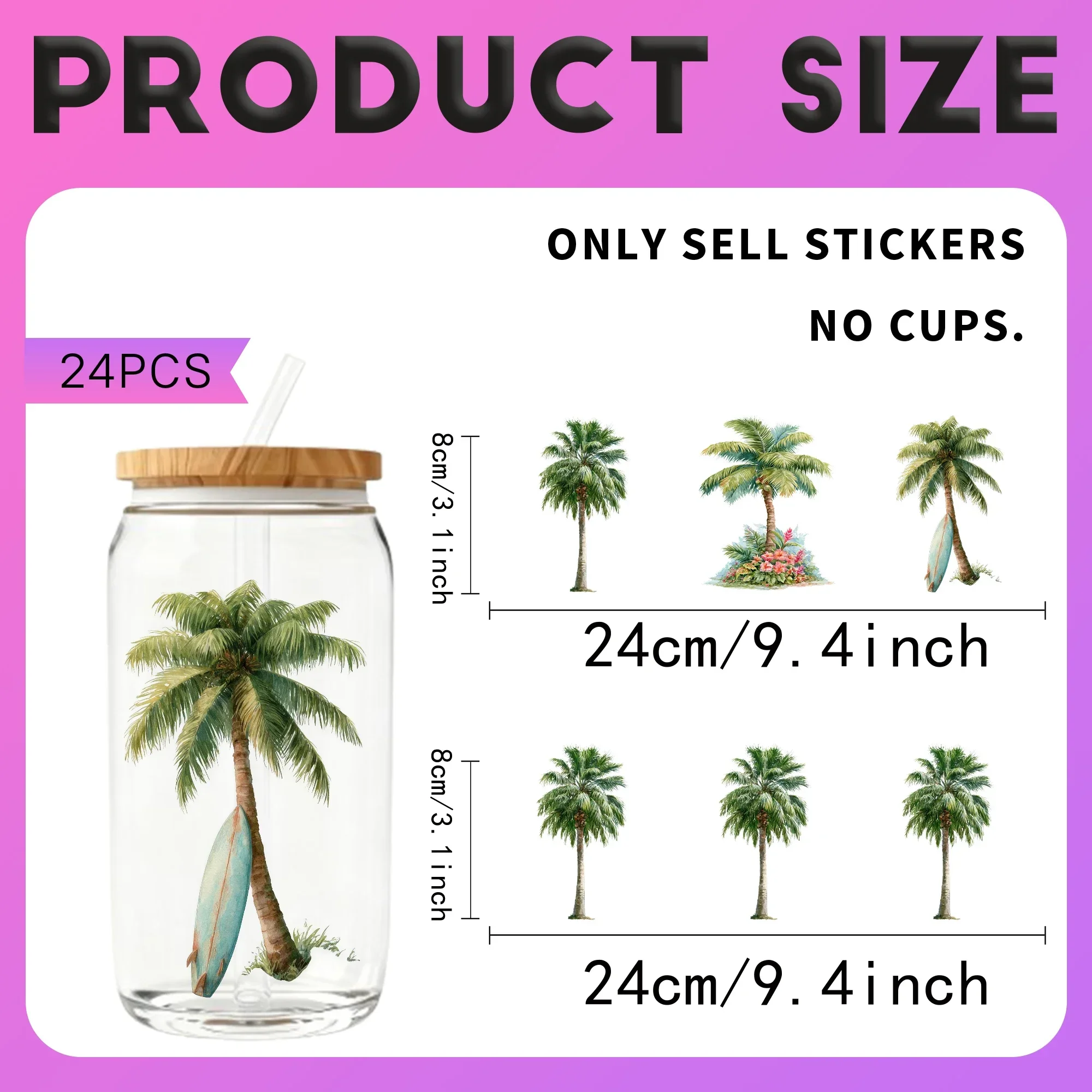 24PCS/Set Palm Tree Watercolor  Themed UV DTF 16OZ DIY Transfer Sticker For 16OZ Water Bottles Glass Bottles Laptops Home Decora view 2