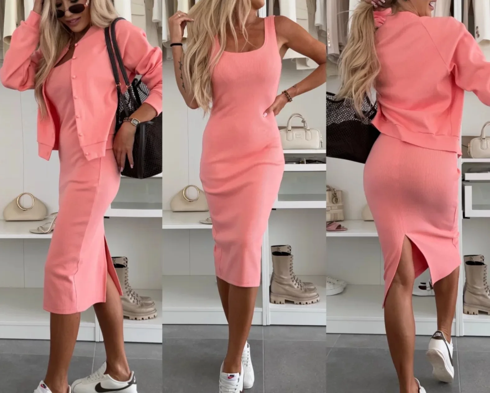 

2025 New Women's Skirt Suit Solid Color Cardigan Coat Top Dress Sets Slim Fashion Hip Slit Vest Skirt 2-piece Set