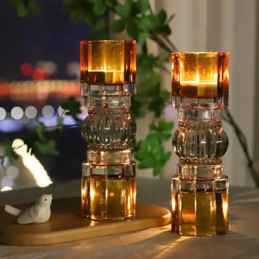 Amber Votive Candle Holders for Fall Decor, Set of 2 Vintage Tealight Candle Holder for Coffee Table Mantle, Tall Votive Holder