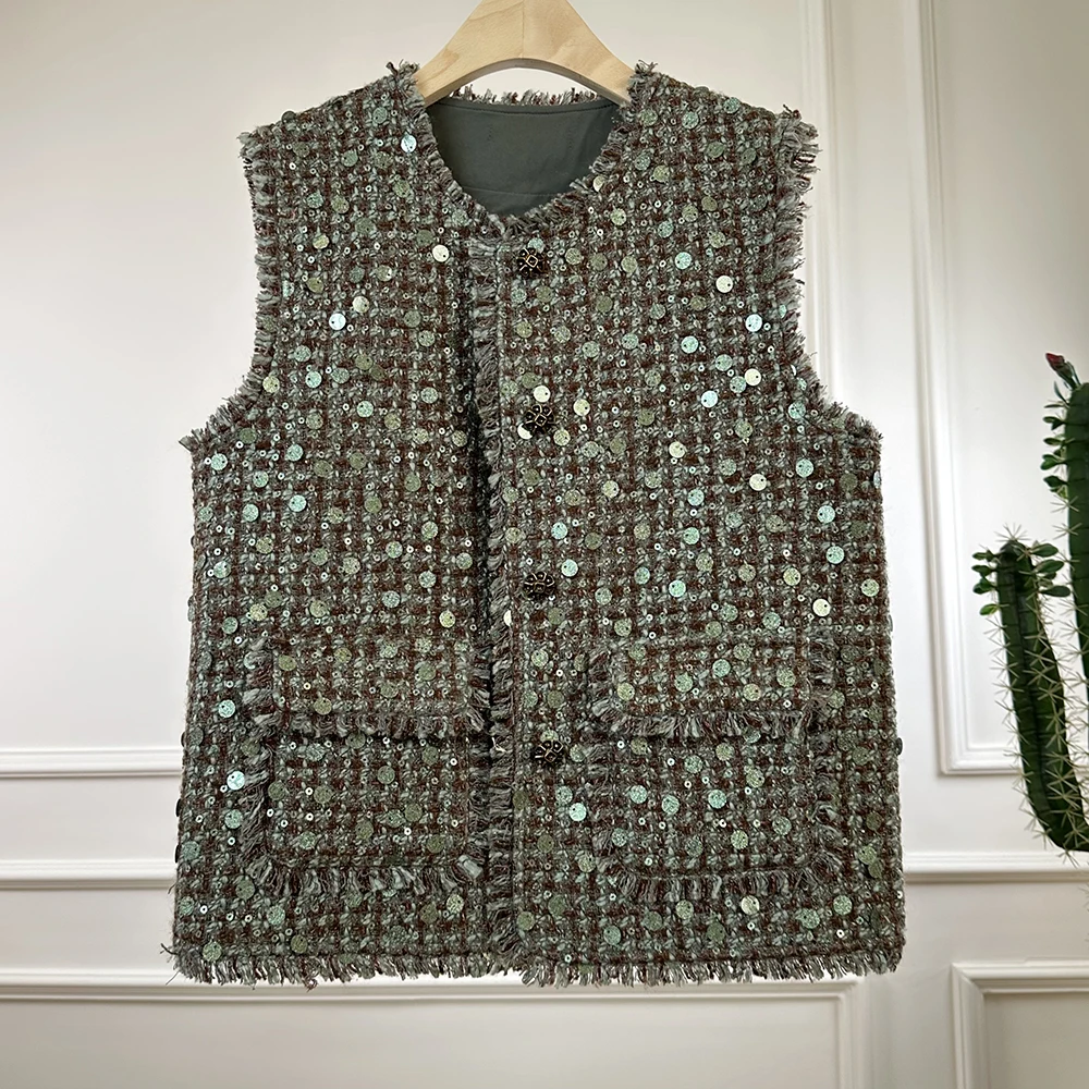 Small Fragrant Luxury Vintage Autumn Sequin Tweed Vest Jacket Coat Fashion Women O Neck Sleeveless Tank Tassel Wool Pockets Tops