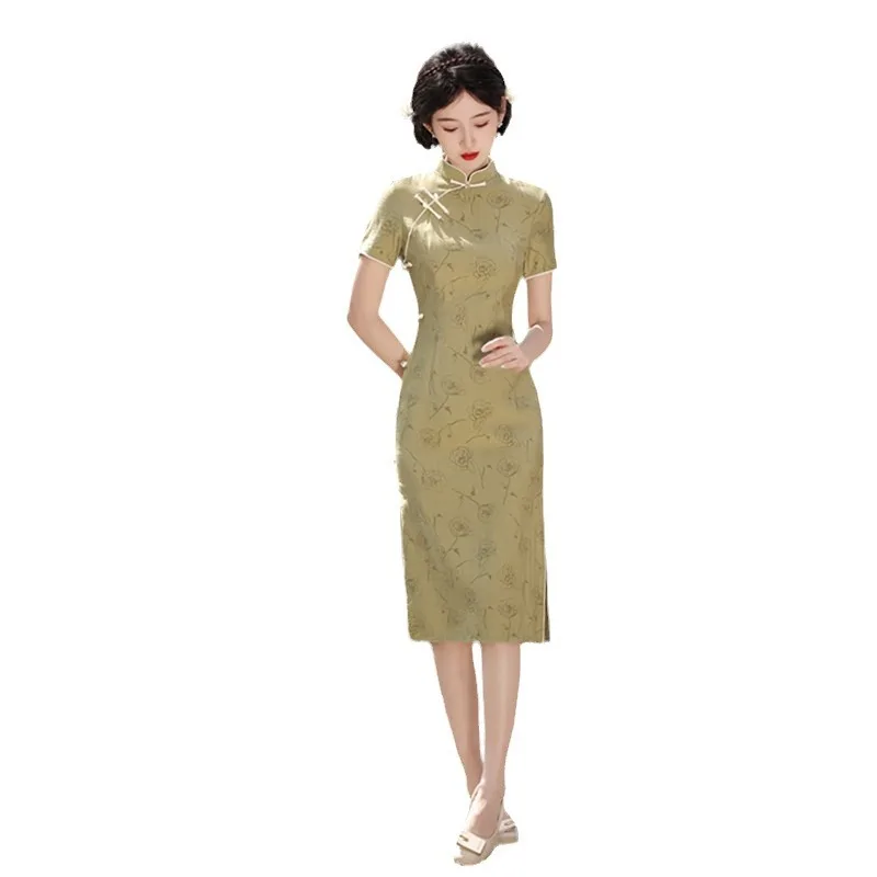 Monofilament ผ้าลินินสีเขียว Cheongsam Qi Pao ฤดูร้อนใหม่ Retro สไตล์แห่งชาติปรับปรุงหญิงสาวจีนส่งสอบแม่