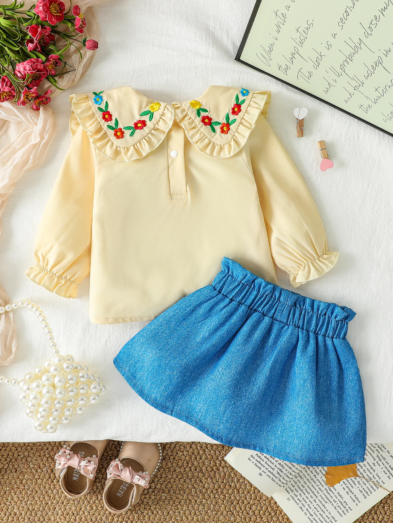 Outfit Skirt New Style Baby Girls' Autumn Embroidered Collar Long Sleeve Turn-down Collar +Trendy Skirts Two-Piece  For 3M-24M