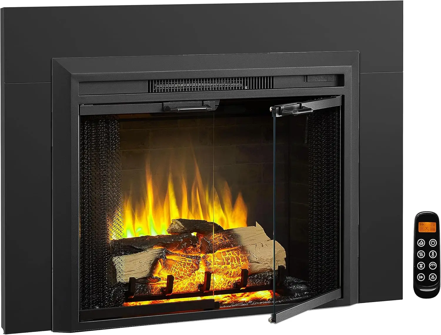 Glass Door and Mesh Screen, Fireplace Heater 750/1500W, Fire Crackling Sound, Adjustable Flame Speed, Remote Control, Black