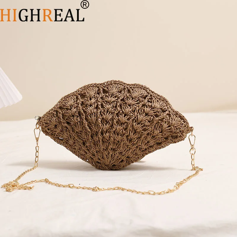

Bohemian Shell Woven Bags for Women Shoulder Bag Hollow Straw Beach Bag Funny Purses and Handbags Vacation Chains Sling Bags New