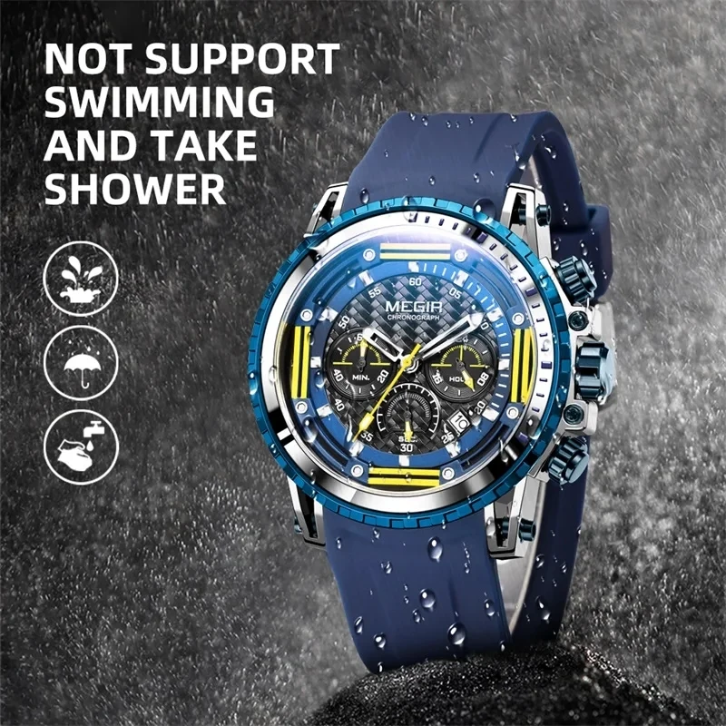 MEGIR 2143 Men\'s Watch Fashion Cool Sports Multifunctional Chronograph Date Silicone Waterproof Quartz Watches for Male Outdoors