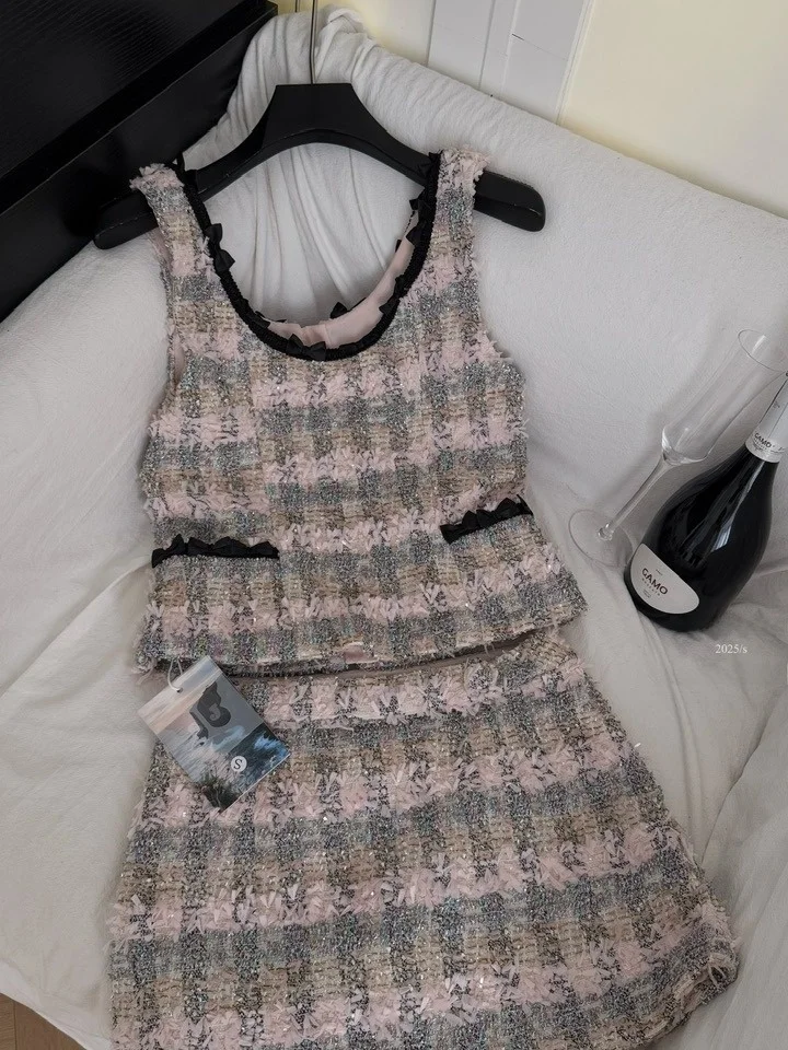 Atasan Tweed Ele Heavyweight Svel, Rok Bodycon Pinggang Tinggi, Pakaian Musim Gugur, Kerah Bulat, Penuh Pesona Vintage
