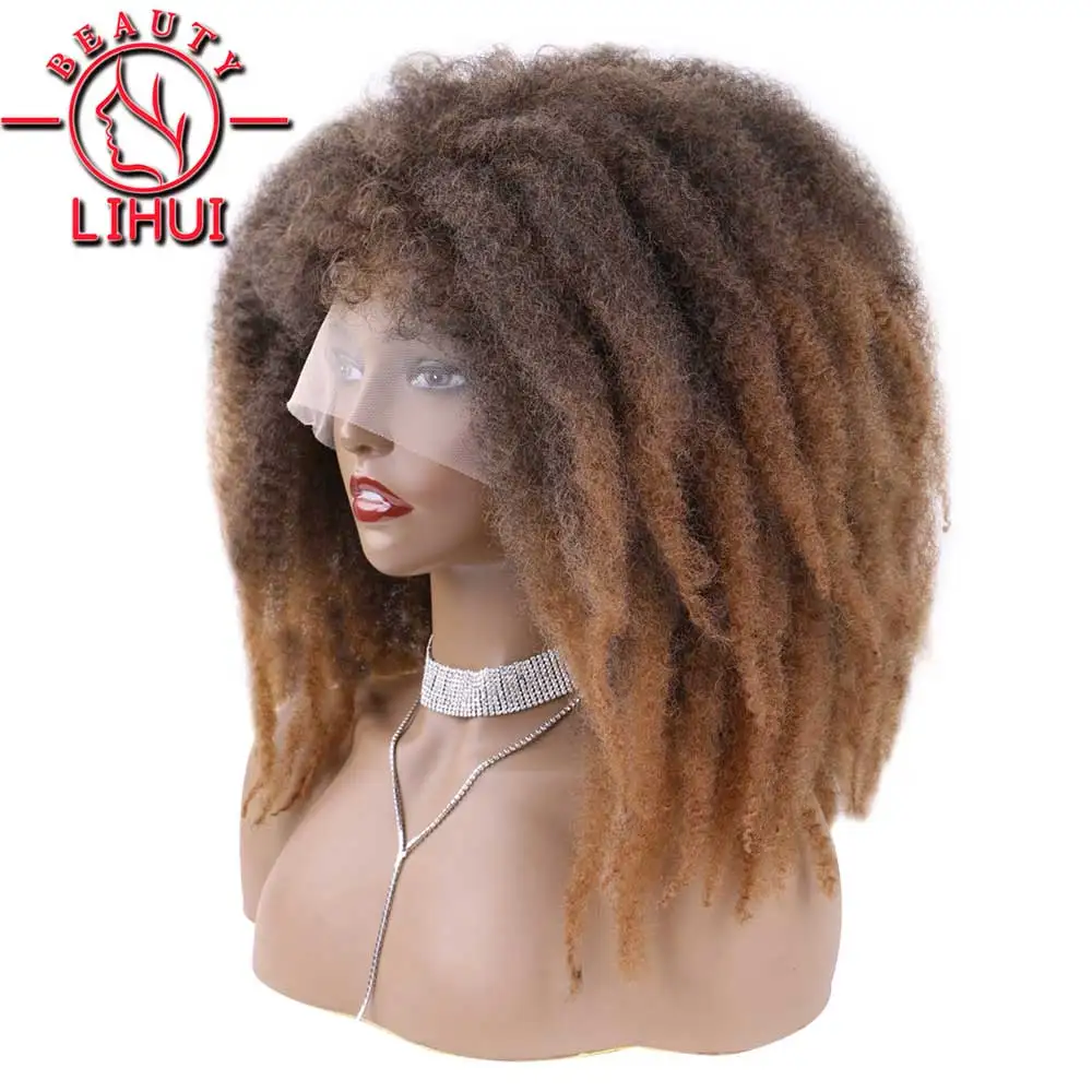 Afro Kinky Curly Wig 14 Inch T-part Lace Front Wigs With Bangs for Black Women Synthetic Glueless Wig Daily Use