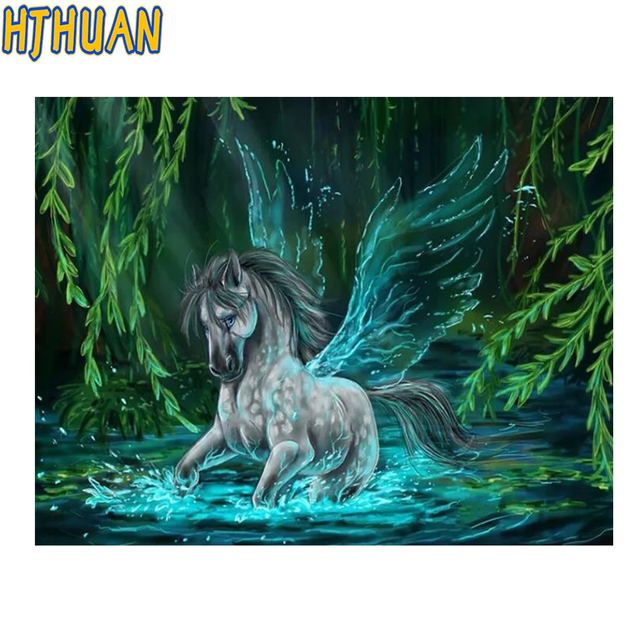 5D Full Diamond Embroidery Animal Diamond Painting, Jungle Green Wing Unicorn, Handmade Mosaic Furniture Decoration, Hobby Gift