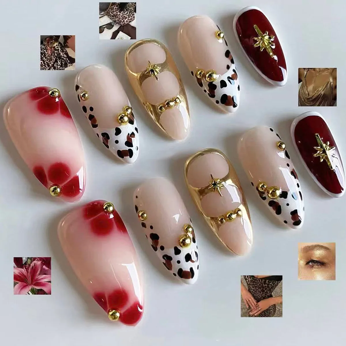 

24Pcs Gilded Leopard Print French Press on Nails Wine Red Flower Starburst Fake Nail Mid-length Almond Wearable False Nails Tips