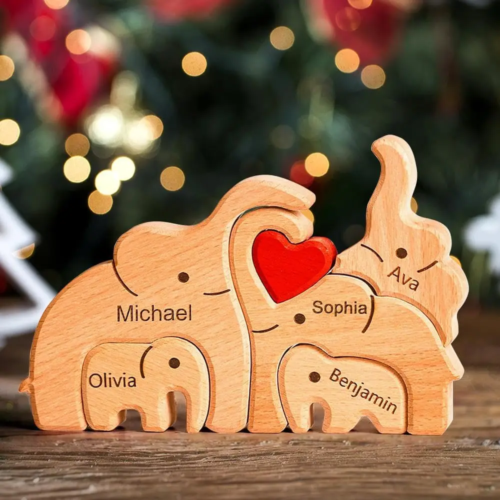 Free Engraving Custom Elephant Family Wooden Puzzle DIY Christmas Birthday Gift 2-10 Names Sculpture Home Decoration Figurines