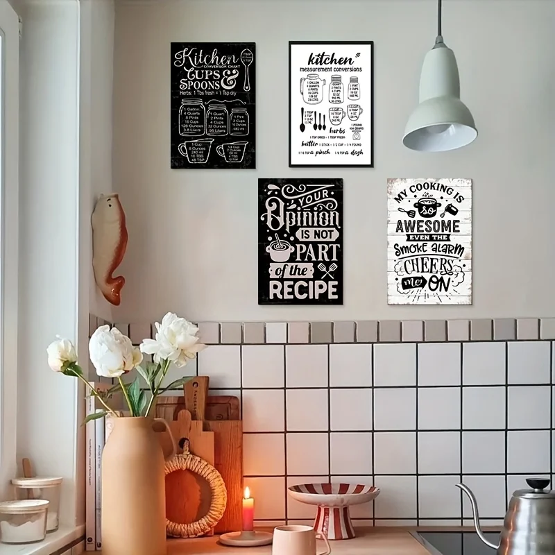 4pcs Fun Kitchen: Seasoning Measurement Table Metal Tin Sign Gifts For Cooking Lovers Farmhouse Kitchen Cafe Dining Room