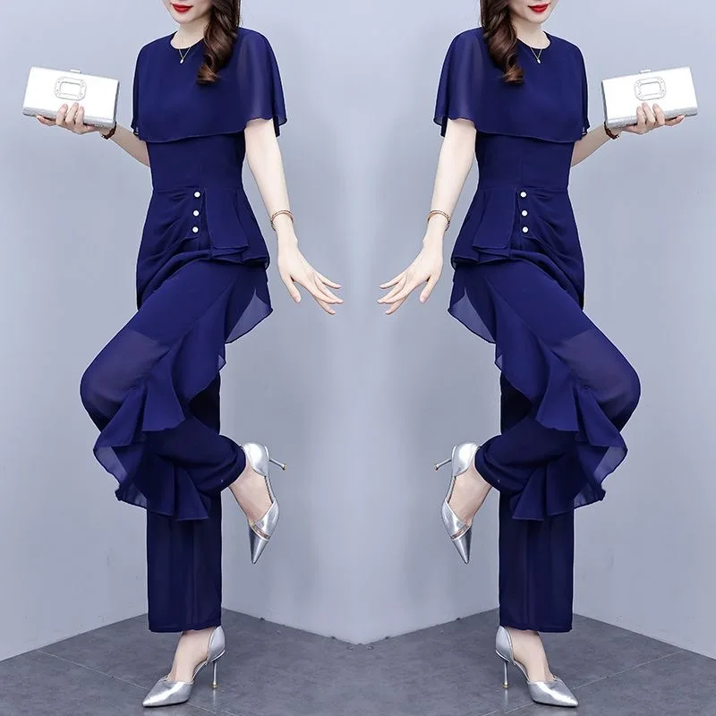 2023 Summer New Style Temperament Wide Leg Jumpsuit Unique Fashion Chiffon Splice Jumpsuit Set