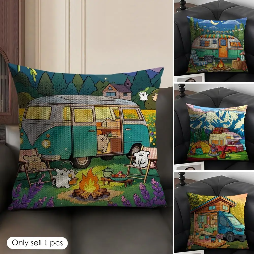 Happy Camper Cartoon House Cushion Cover Natural Linen Organic Fabric Double-Sided Printing Sofa Home Decor Gift Pillow Case