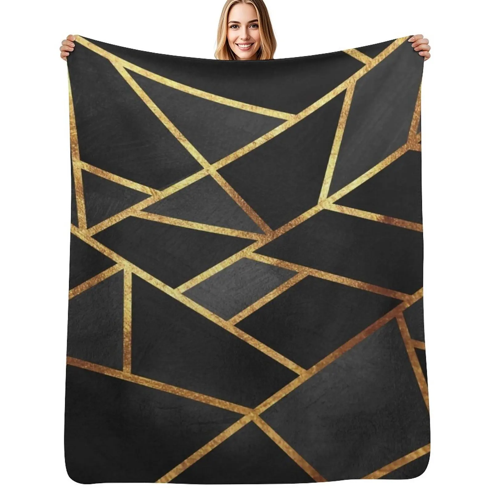 Black Gold Stone Geometric Throw Blanket Warm Plush Fuzzy Blanket for Living Room
