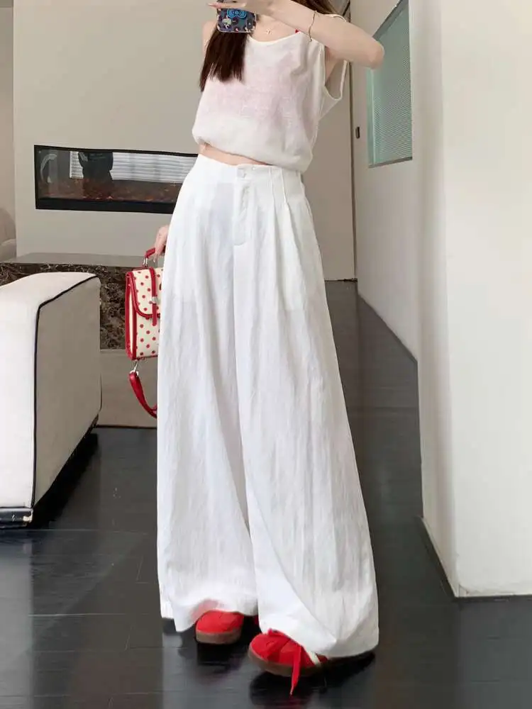 Summer White Casual High Waist Pants Woman's Ice Silk Pants Woman's Drape Floor Mop Pants Straight Loose Wide Leg Long Pants