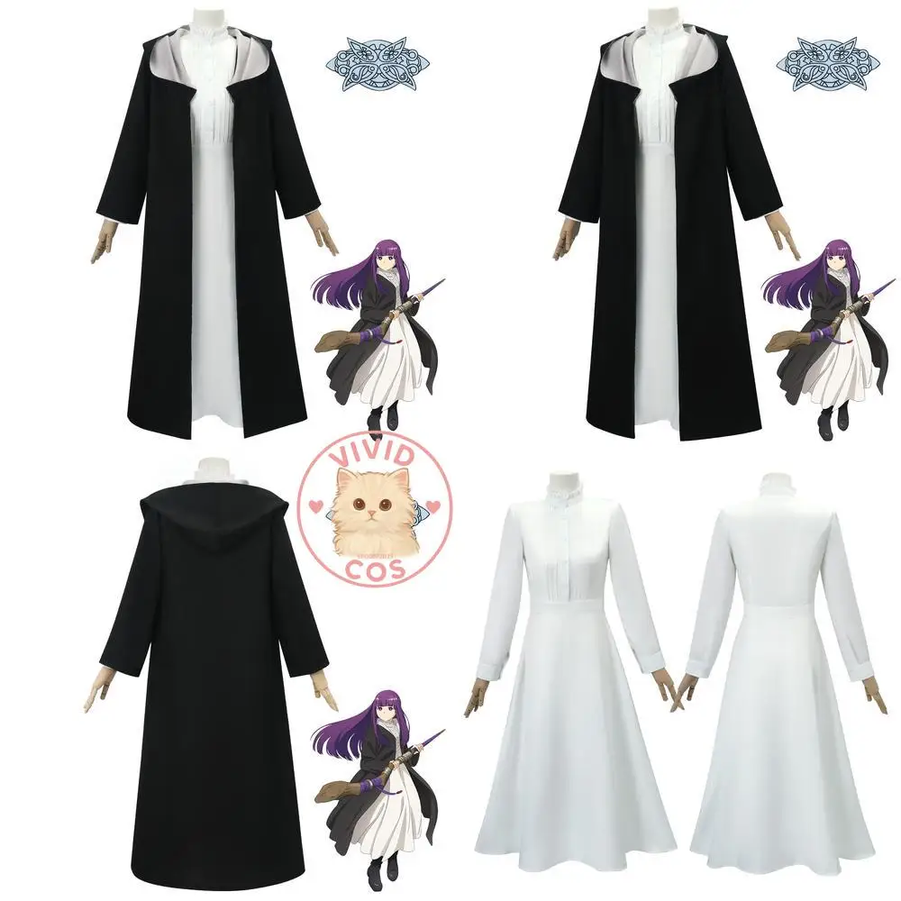 

Frieren: Beyond Journey's End Cosplay Costume Anime Frieren Classic White Dress with Black Coat Role Play Outfit Women Comic Con