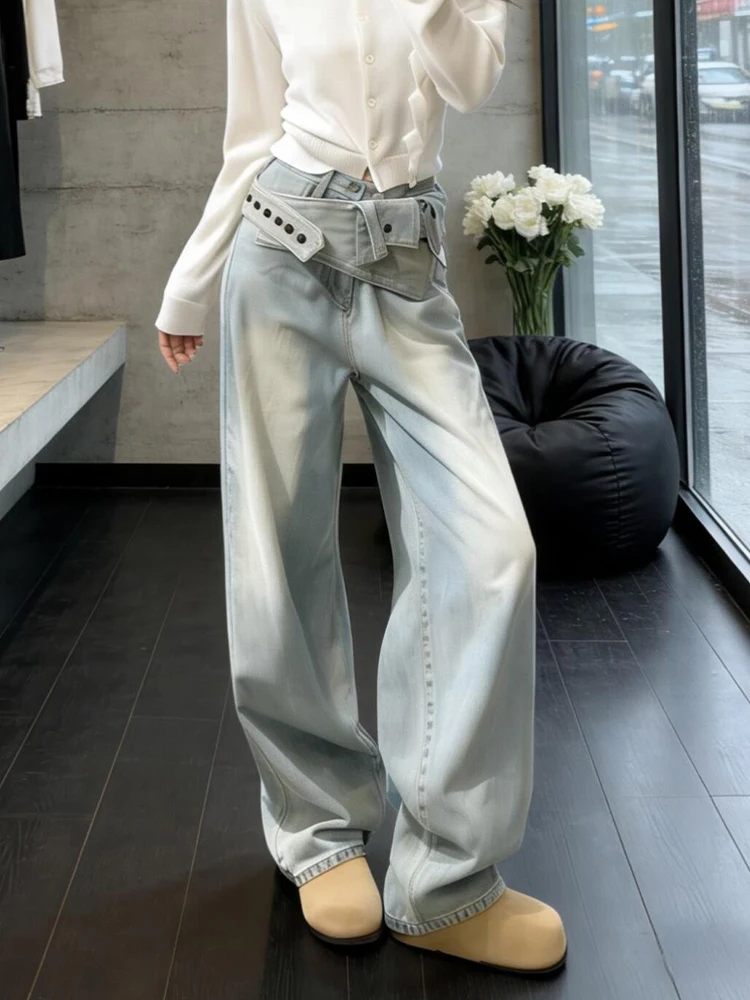 

American Style Spicy Girl Unique Design Versatile Denim Jeans Women's Retro Fashion Multi-Pocket Waist Seal Patchwork Floor-L...