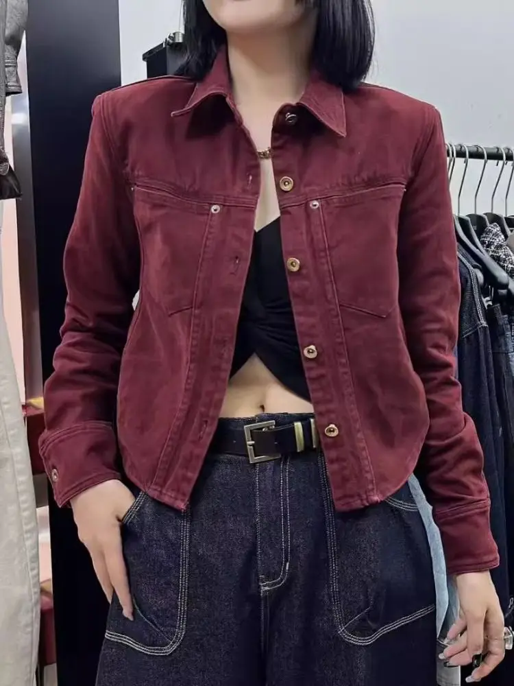 Khaki Denim Jacket Women Autumn New Vintage Style Fit Versatile Jacket Top