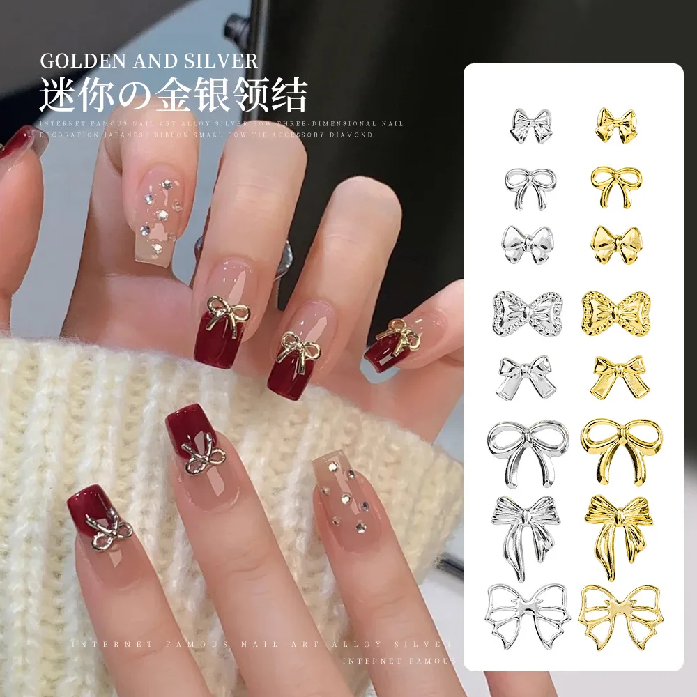 10pcs Alloy Nail Charms Mix Silver Gold Bow Ribbon Nail Art Accessories 3D Exquisite Japanese Nail Rhinestones Decorations Parts