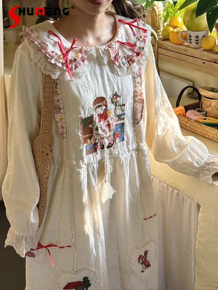 

Mori Girls Sweet Lolita Cotton Long Dress Spring and Autumn New Japanese Cute Girls Sweet Embroidered Lace Long Sleeve Dress