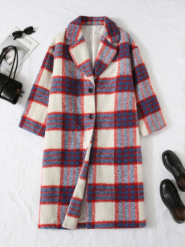 

Новое женское модное универсальное темпераментное свободное тонкое шерстяное пальто в клетку с лацканами и длинными рукавами в европейском стиле