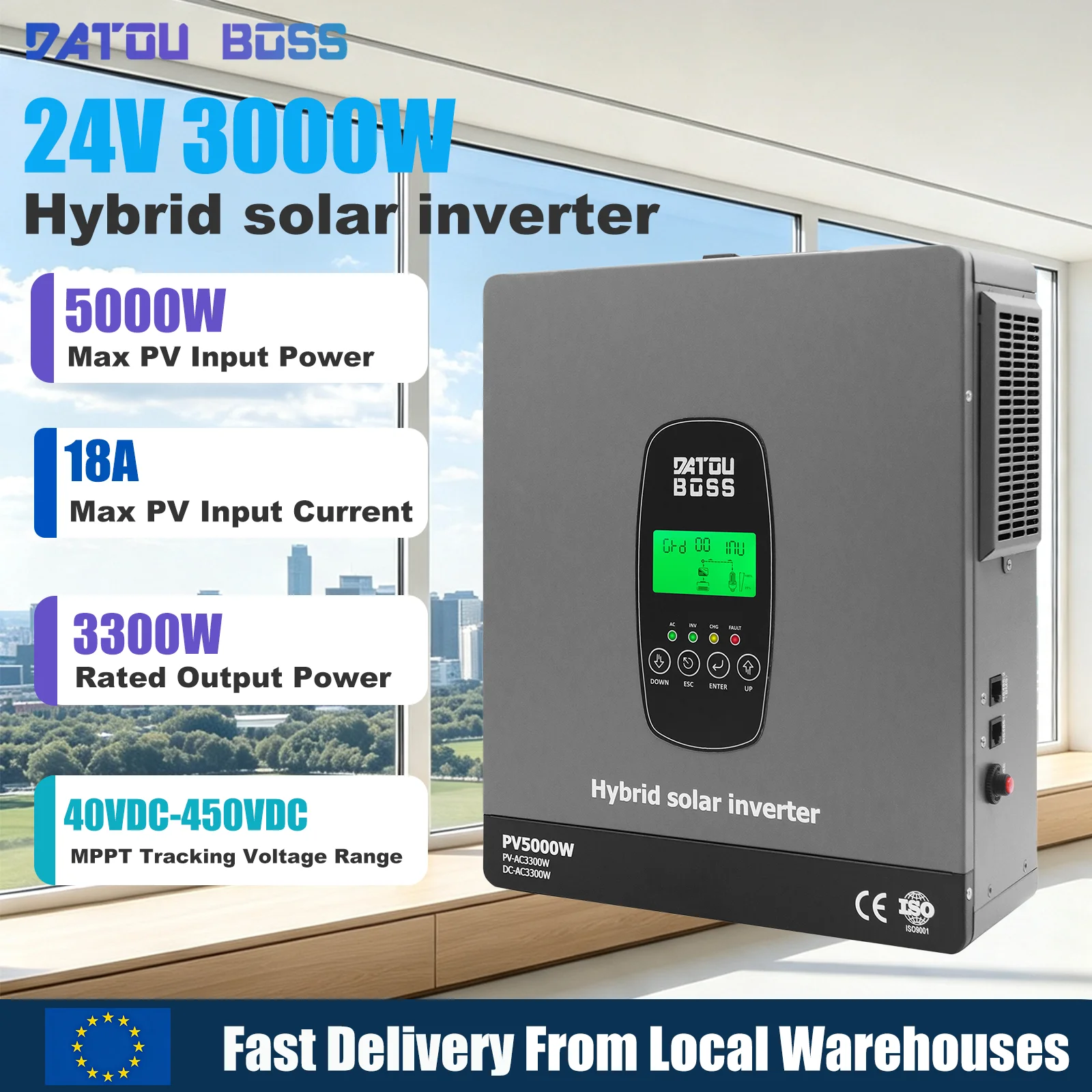 DATOUBOSS 24V 3300W 24V DC TO 220V AC Hybrid Solar Inverter Photovoltaic Power Generation System 5000W PV 120A MPPT Fast Charg