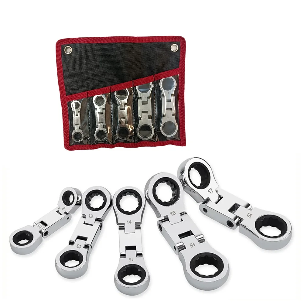 5-Piece Flex-Head Ratcheting Combination Wrench Set, Mini Wrench Set Double Box End Flex-Head Mini Spanner Set