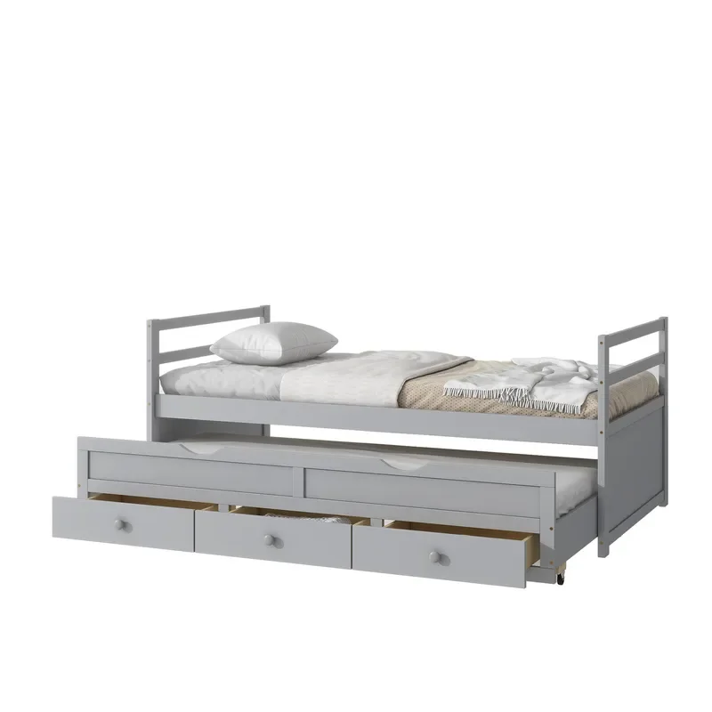 Gray Solid Wood Kids Bed with Drawers Storage Trailer Design Bedroom Furniture for Children