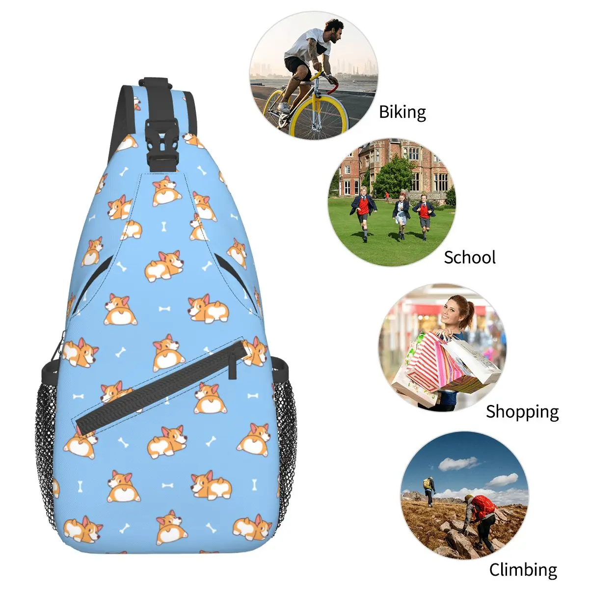 Cute Welsh Corgi Dog Sling Bag Chest Crossbody Shoulder Backpack Outdoor Hiking Daypacks Animal Cool Bags