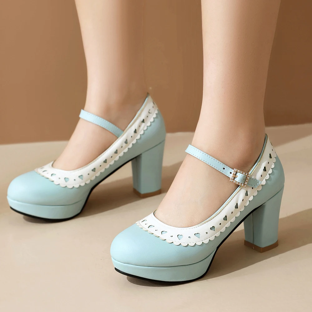 Femme Green Blue Pumps With Platform 7cm Patchwork Sweet High Heeled Shoes With Buckle Mary Janes Fitting Tacon De Mujer 41 44