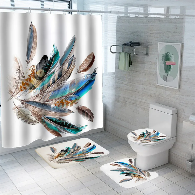 Feather Bath Curtain 3D Print Bath Mat Set Waterproof Shower Curtains Polyester High Quality Carpets Mildewproof Toilet Rugs