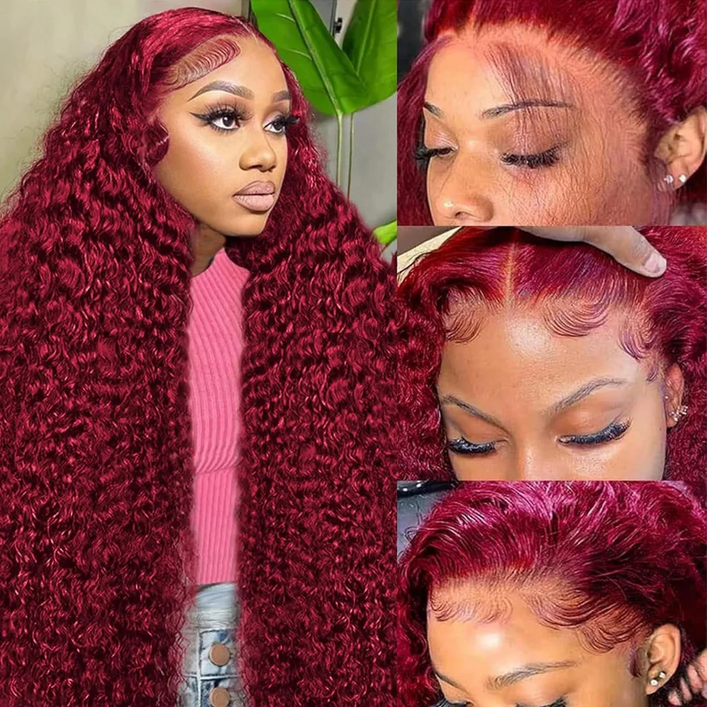 28 Inch Burgundy Human Hair Frontal HD Lace Wig 13x4 Human Hair 99J Deep Wave Lace Front Human Hair Wigs for Women 200% Density