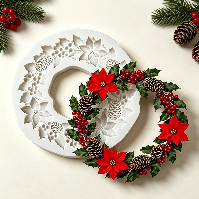 Christmas Wreath Silicone Mold for Fondant Poinsettia Pinecone Holly Berry Holiday Cake Toppers Xmas Baking Mold