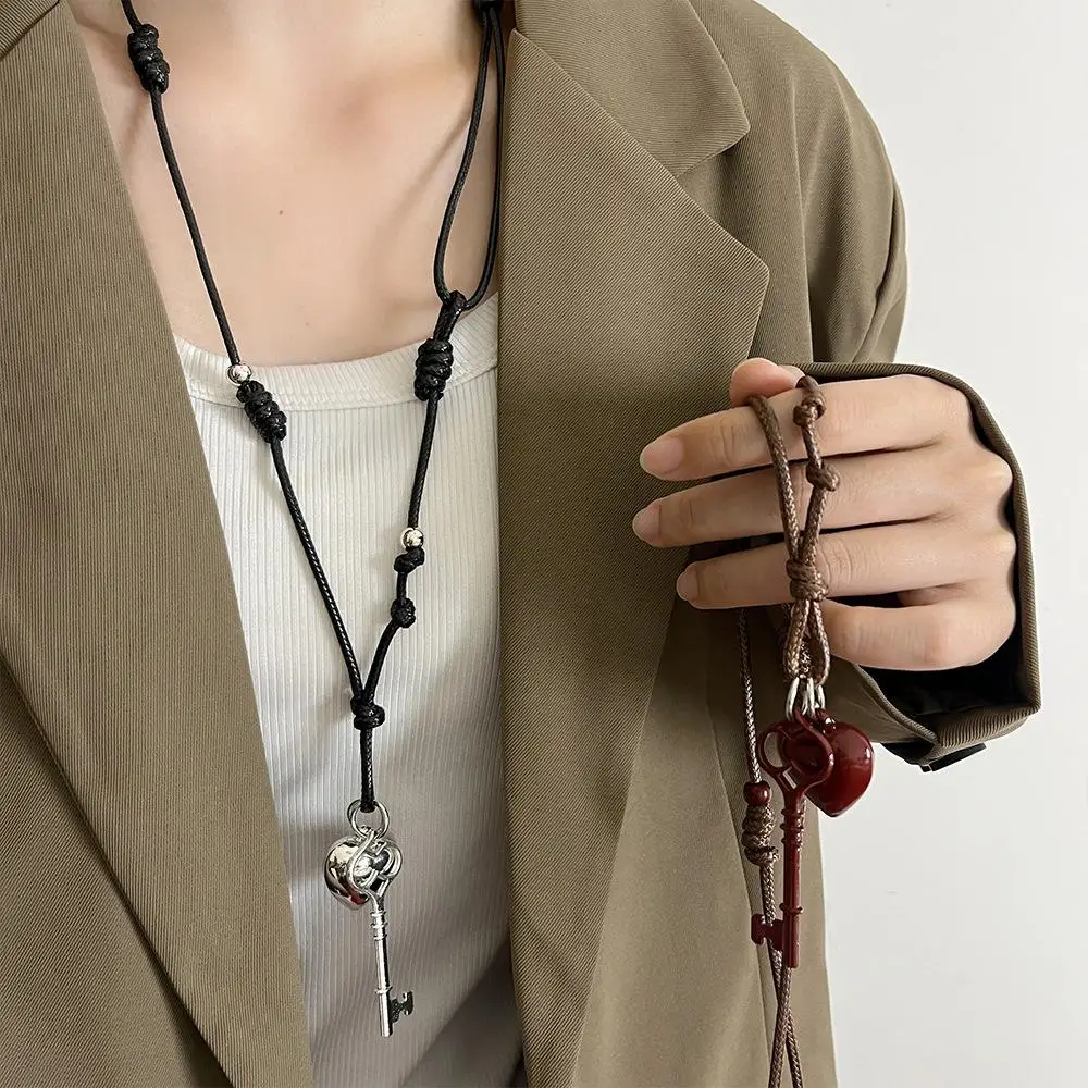 Women's Fashion Heart Key Pendant Necklace Long Black Braided Chain Sweater Chain Accessory Autumn Winter Luxury Trendy