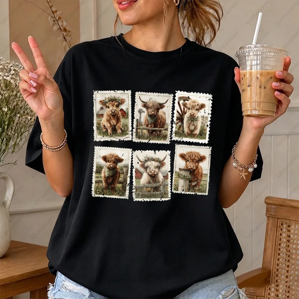 Highland Cow Stamp Collection Graphic Women Casual Short Sleeve Cotton T-Shirt Vintage Cute Farm Animal Collector Gift Retro Tee