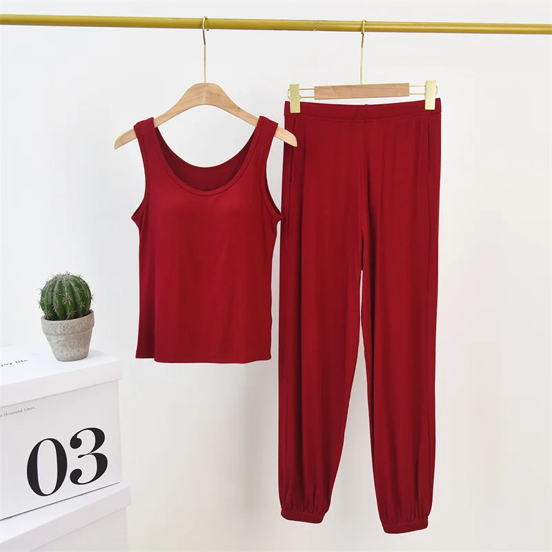 Pyjamas Dames New Sleeveless Modal Top Pant Suit Chest Padded Summer Women's Pajamas Casual Sleepwear Set Pijama Feminino Adulta